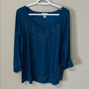 Lucky Brand Beaded Short Sleeve Silk Teal Blue Woman’s Blouse Embroidered Size L